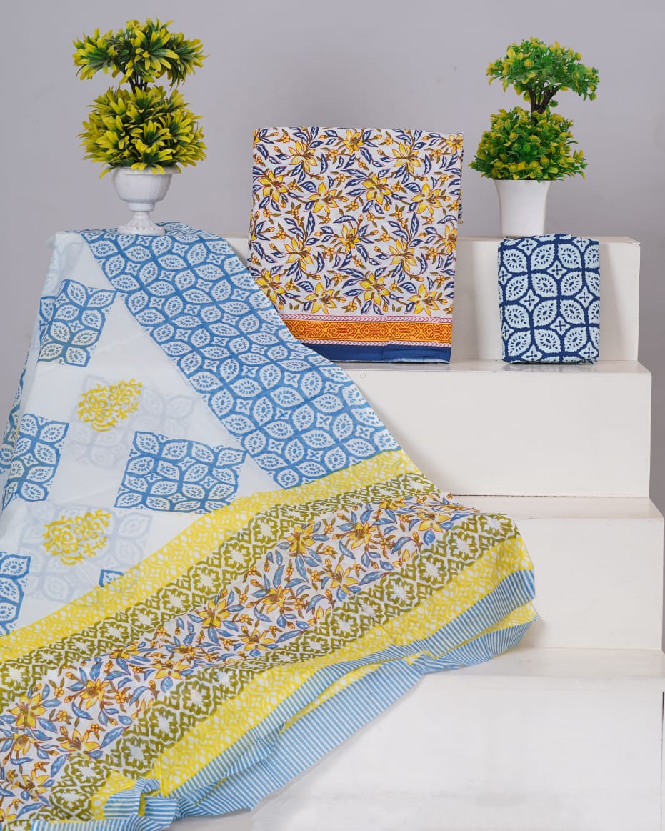 White and Yellow flower printed cotton dress material