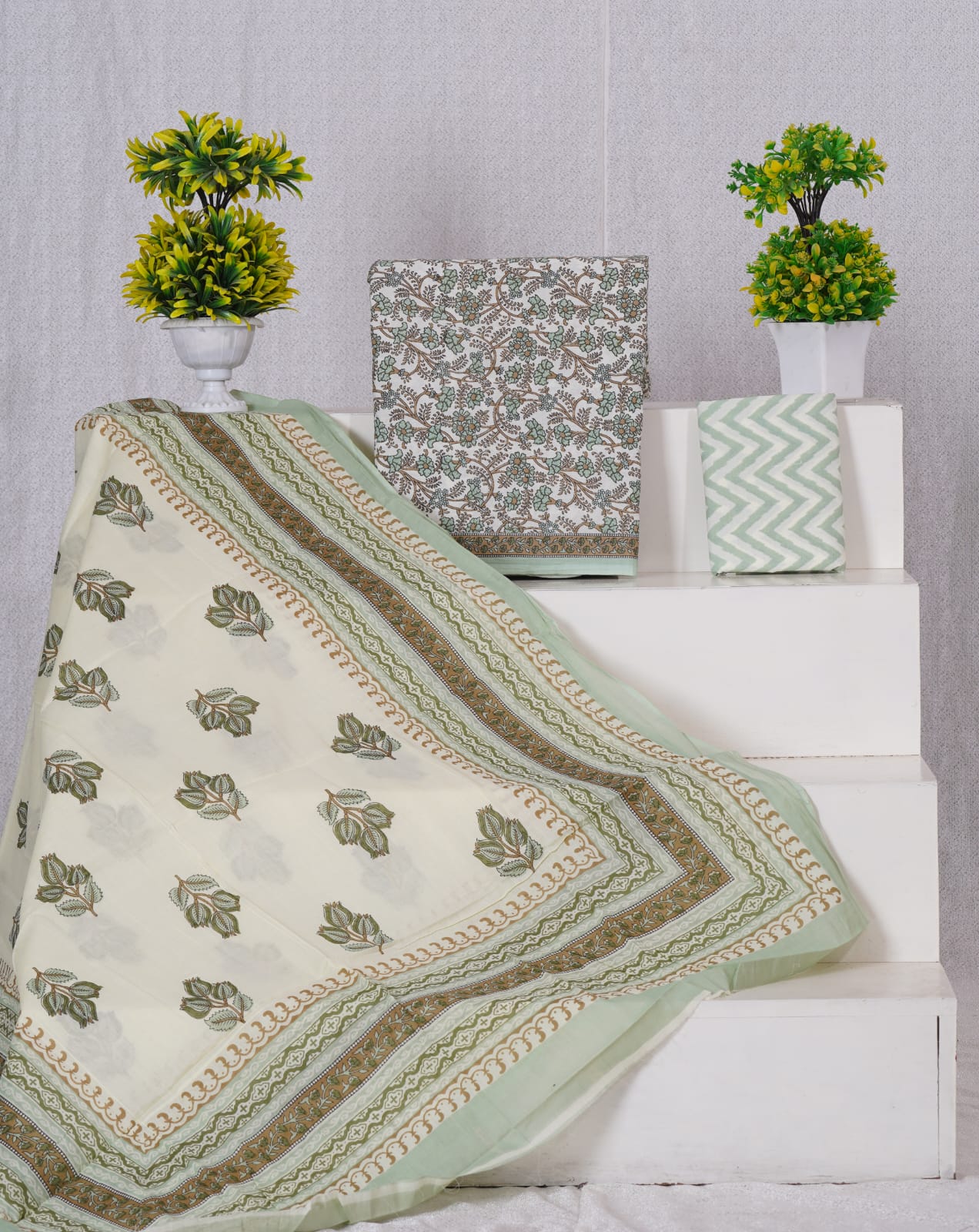 White with Pista Green cotton dress material