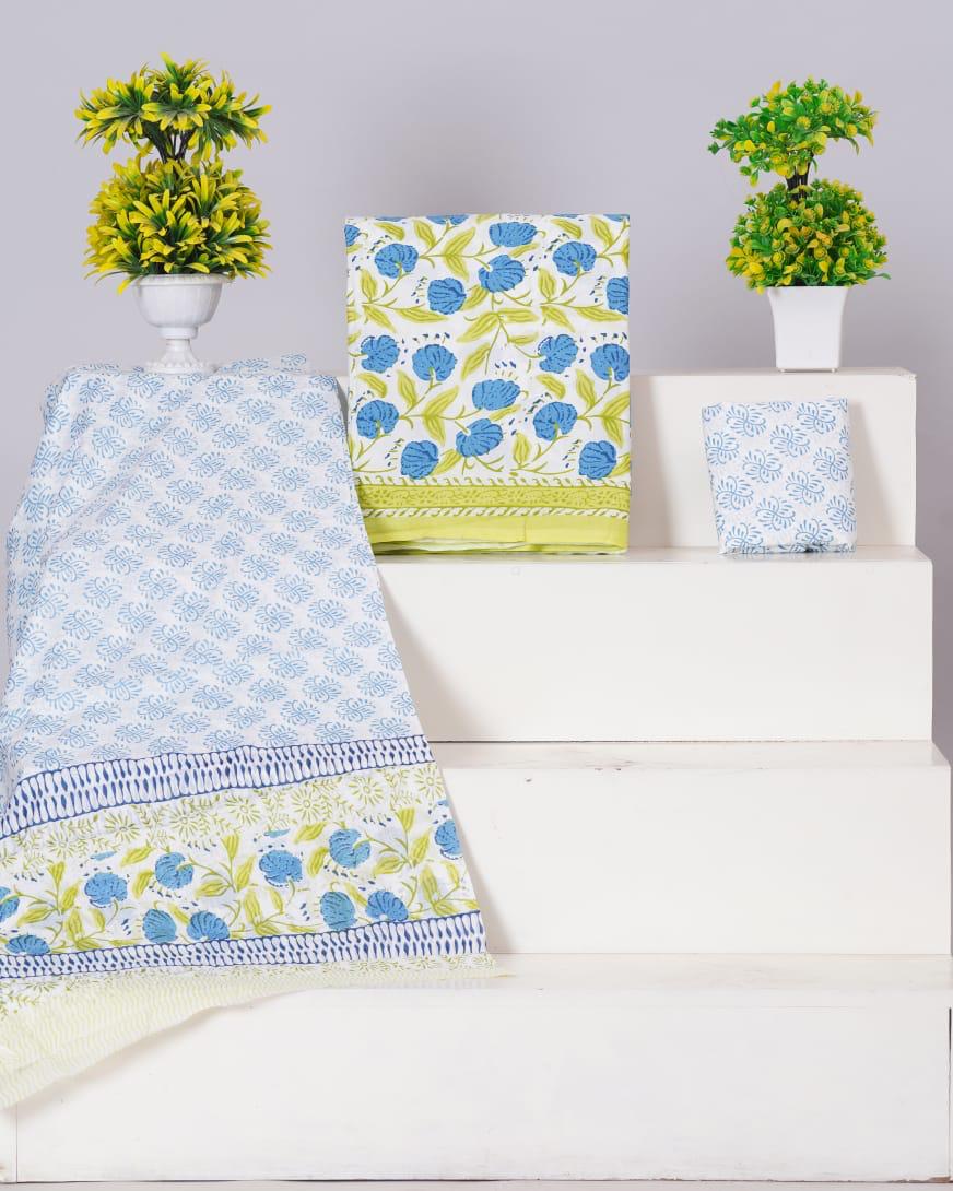 White with Blue and Leaf Green flower printed cotton dress material