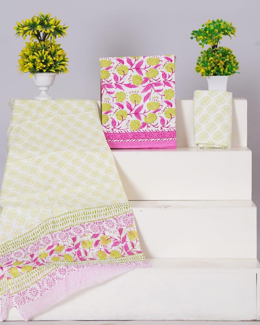 White with Bright Green and Pink flower printed cotton dress material