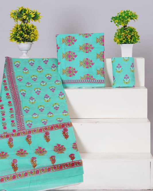 Aqua Blue with Mango Yellow and Pink floral printed cotton top