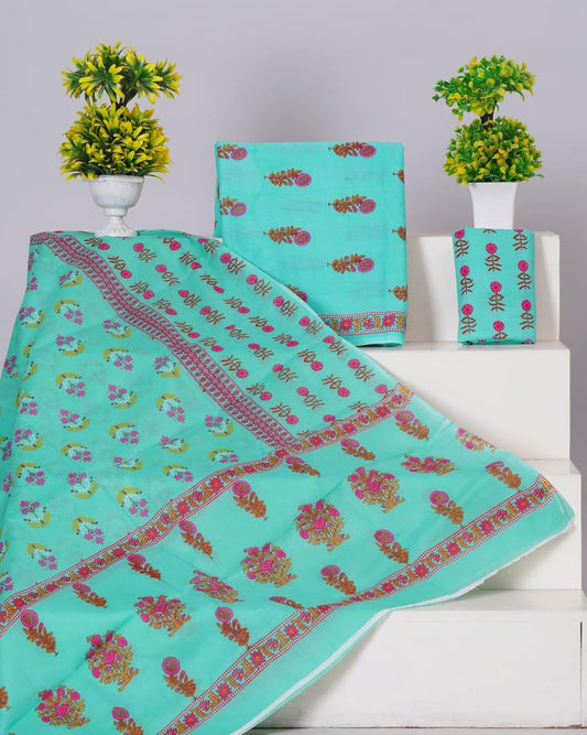 Aqua Blue with Mustard Yellow and Pink floral printed cotton top