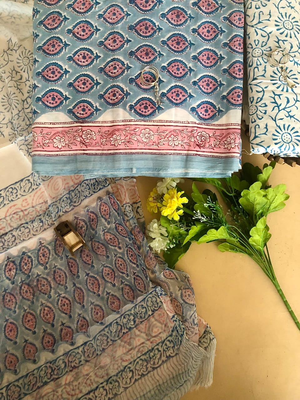 Baby Blue and Peach floral motifs mulmul cotton printed top