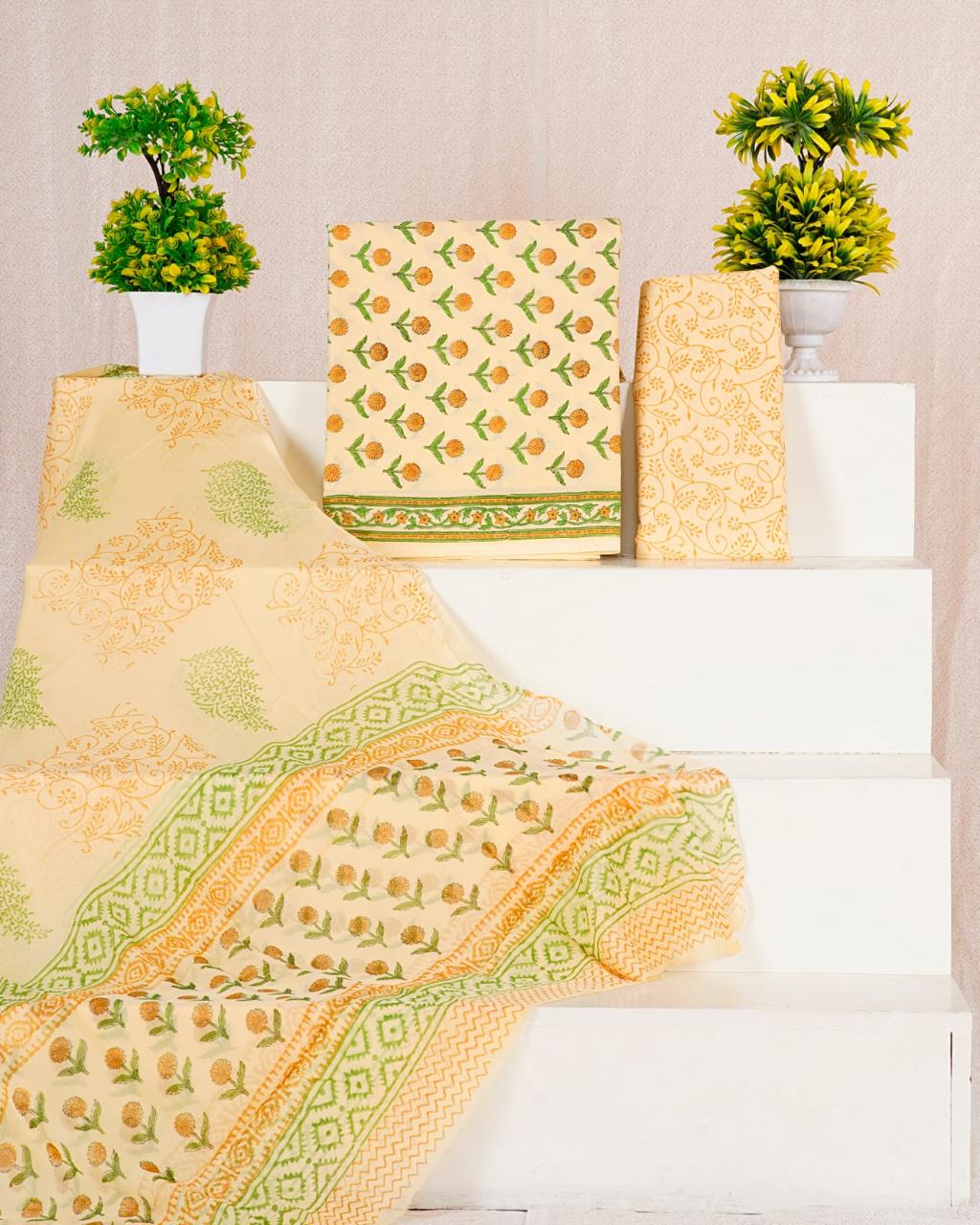 Peach flower printed cotton dress material