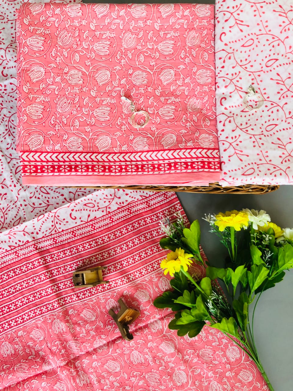 Peach with White floral printed mulmul cotton printed top