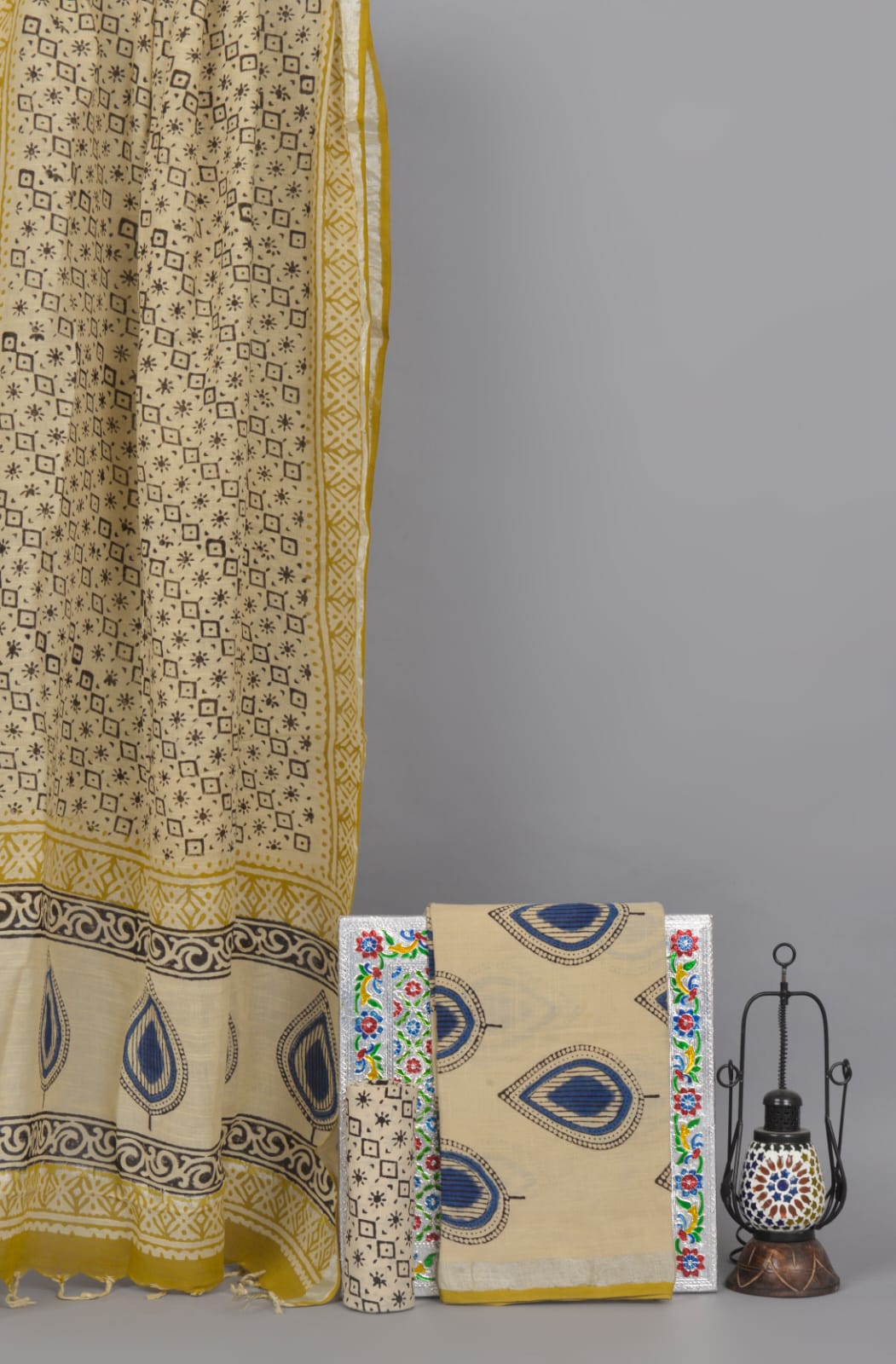 Cream with blue ajrak printed linen cotton printed top