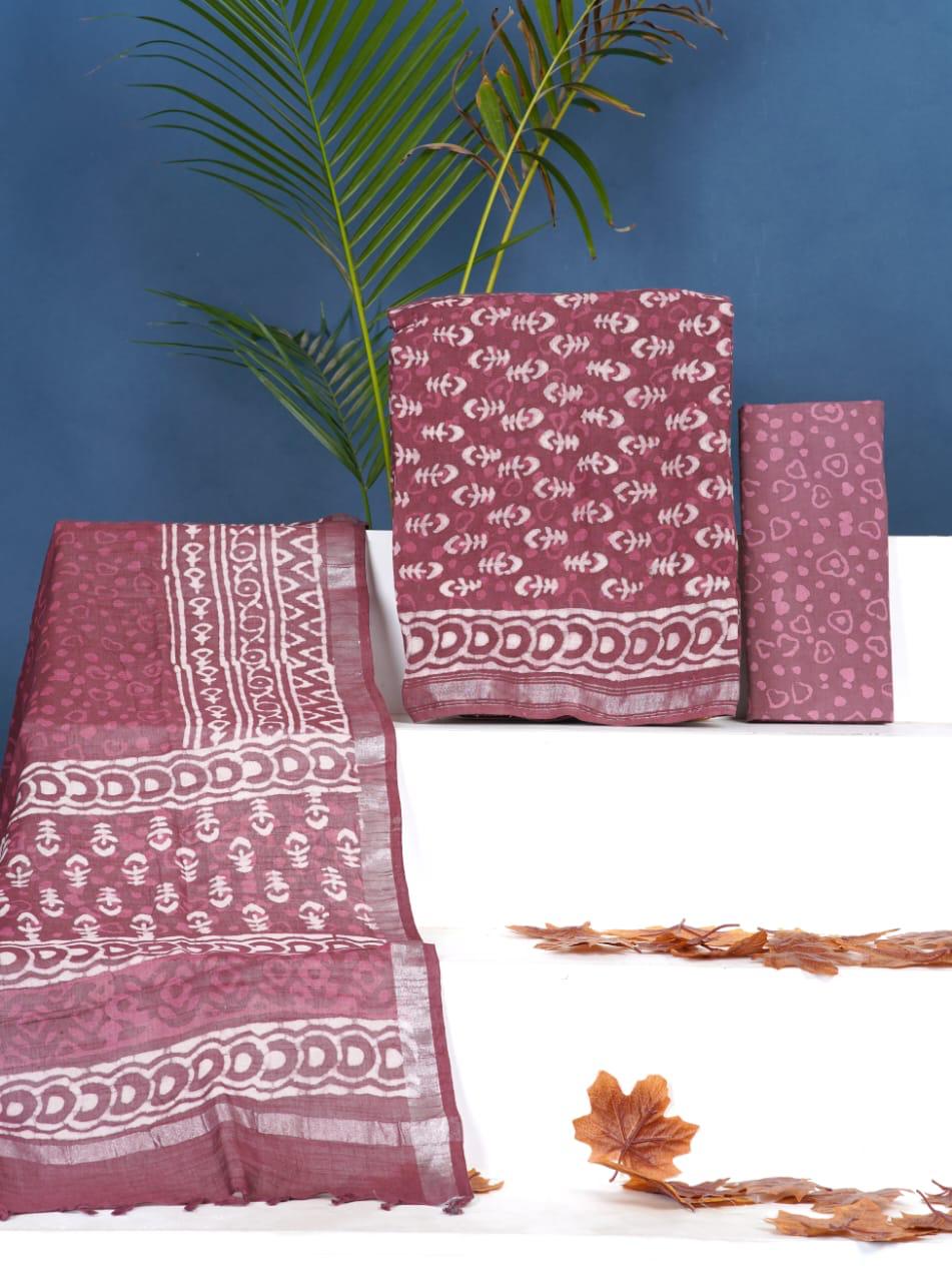 Onion Pink with White floral printed linen cotton top