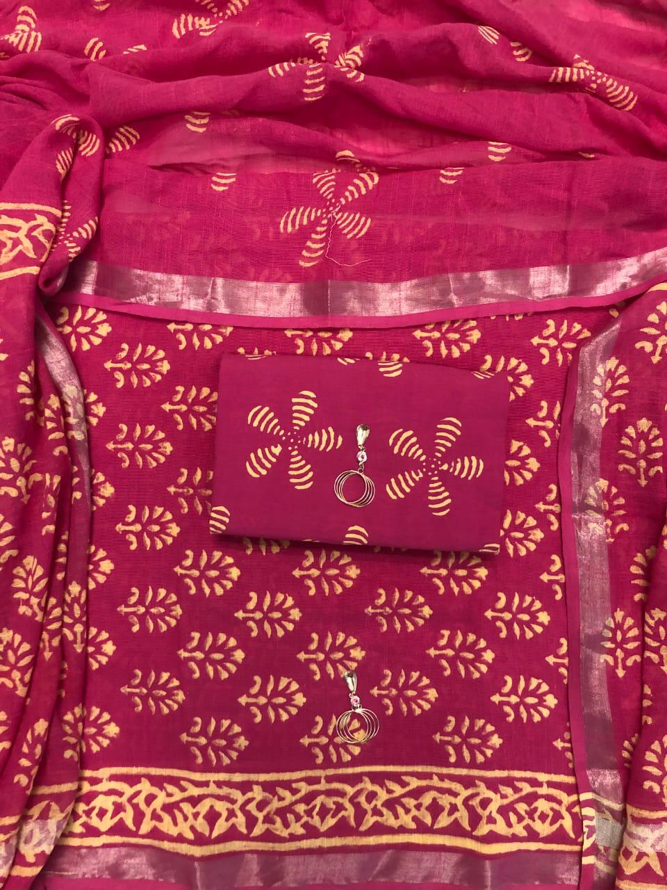 Magenta Pink with Cream floral printed linen cotton top