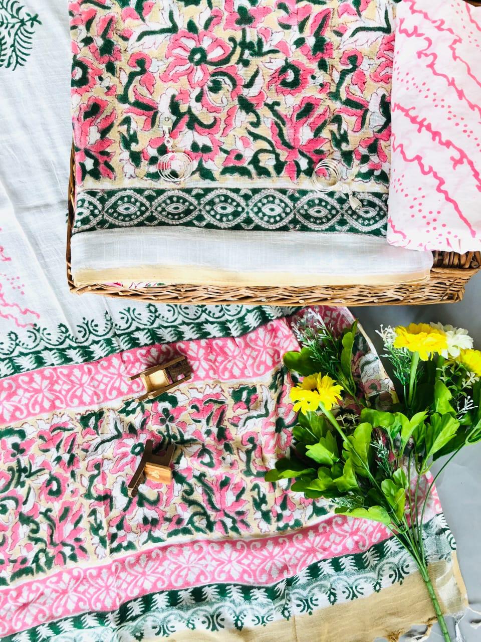 Beige with pink floral printed linen cotton top