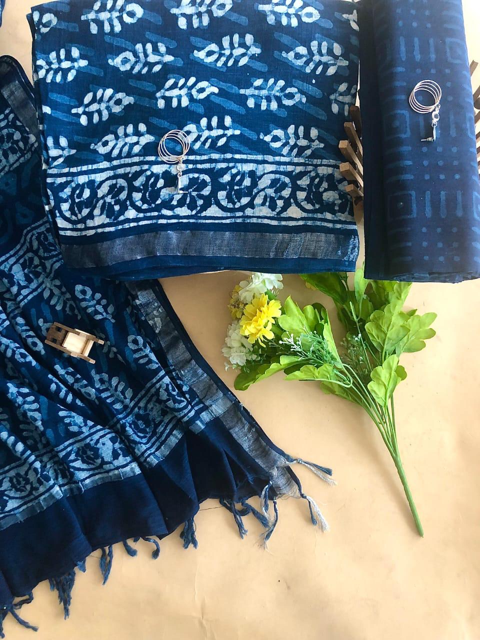 Indigo Blue with White floral printed linen cotton top