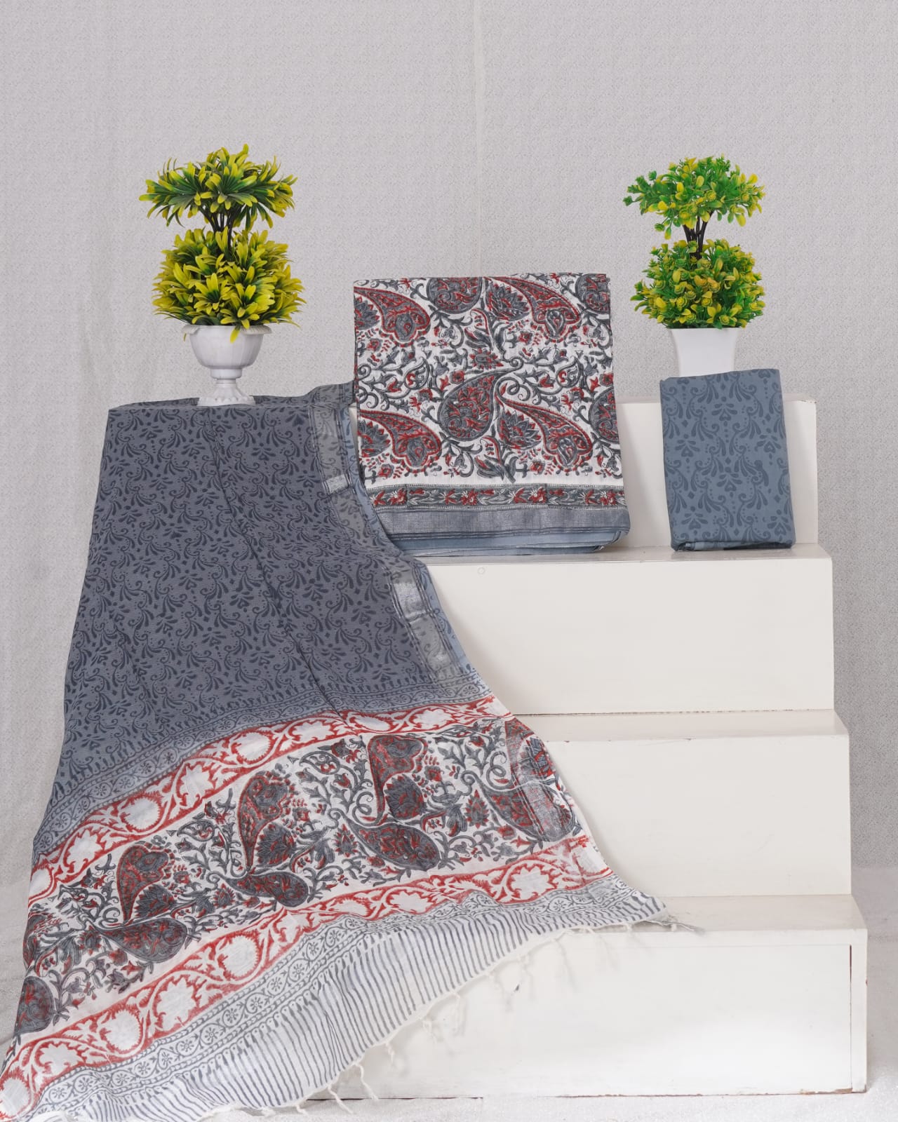 White,elephant grey and red paisley floral printed linen cotton dress material