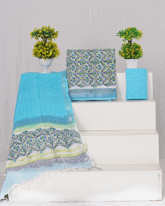 Aqua Blue floral printed linen cotton dress material