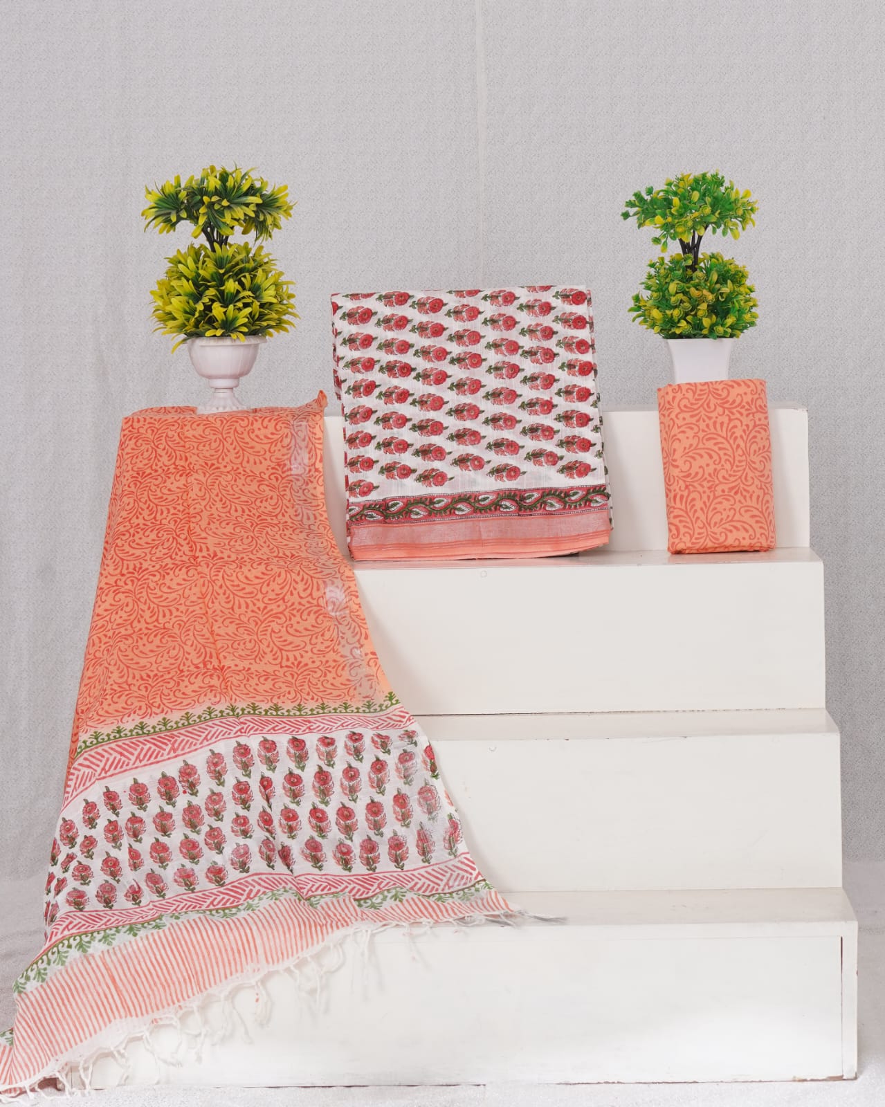 Orange floral printed linen cotton dress material