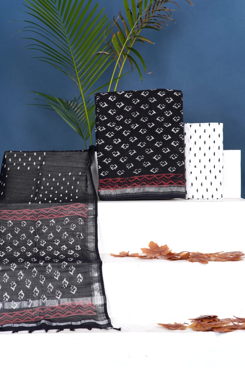 Black and White floral printed linen cotton dress material