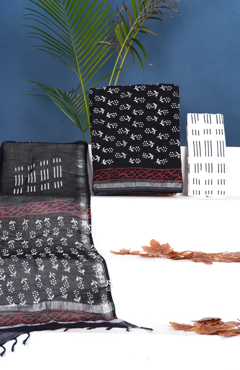 Black and White floral printed linen cotton dress material