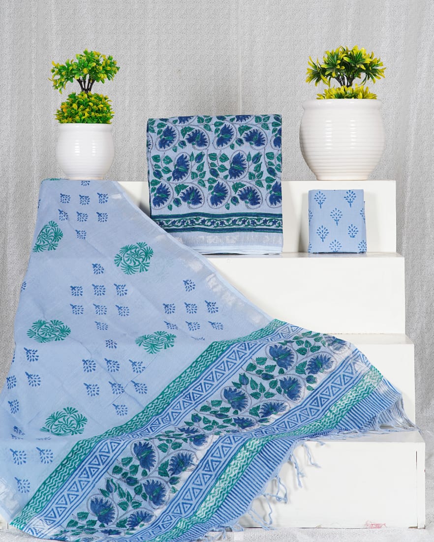 Blue and Green floral printed linen cotton dress material