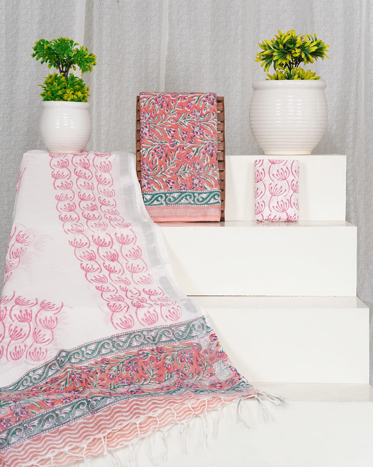 Dark Peach,Green and pink floral printed linen cotton dress material