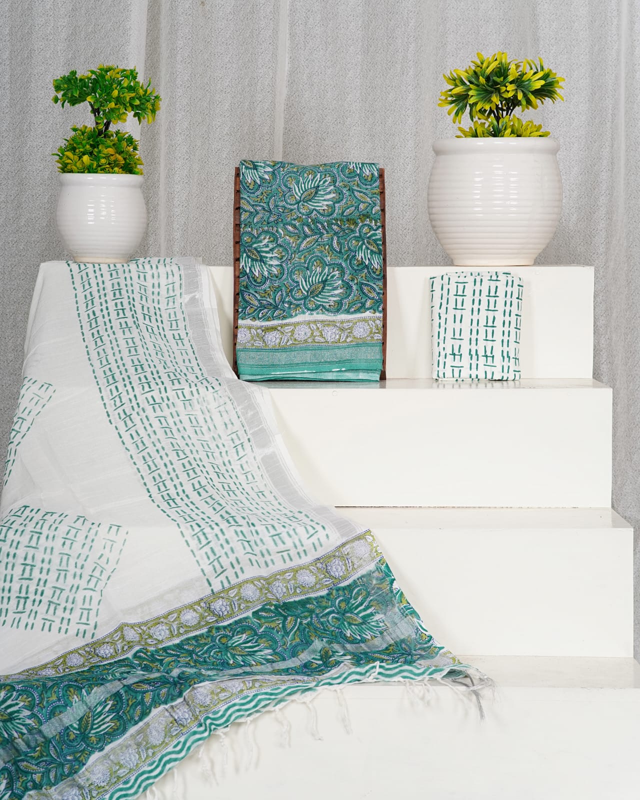 Teal Blue,White and Olive green floral printed linen cotton dress material