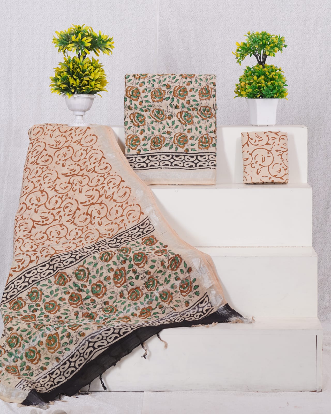 Beige linen Cotton with orange dress material