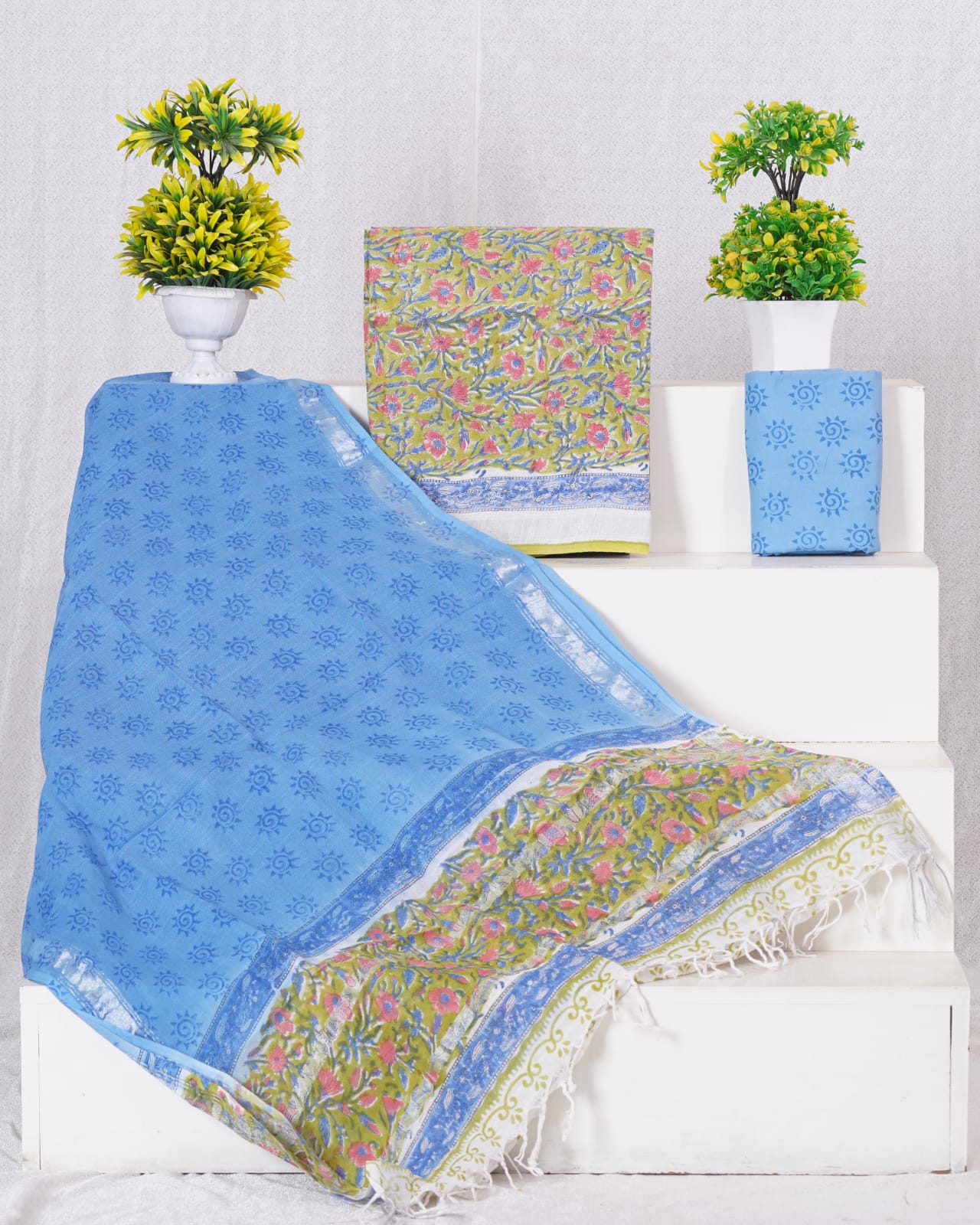 Bright green linen Cotton with peach dress material