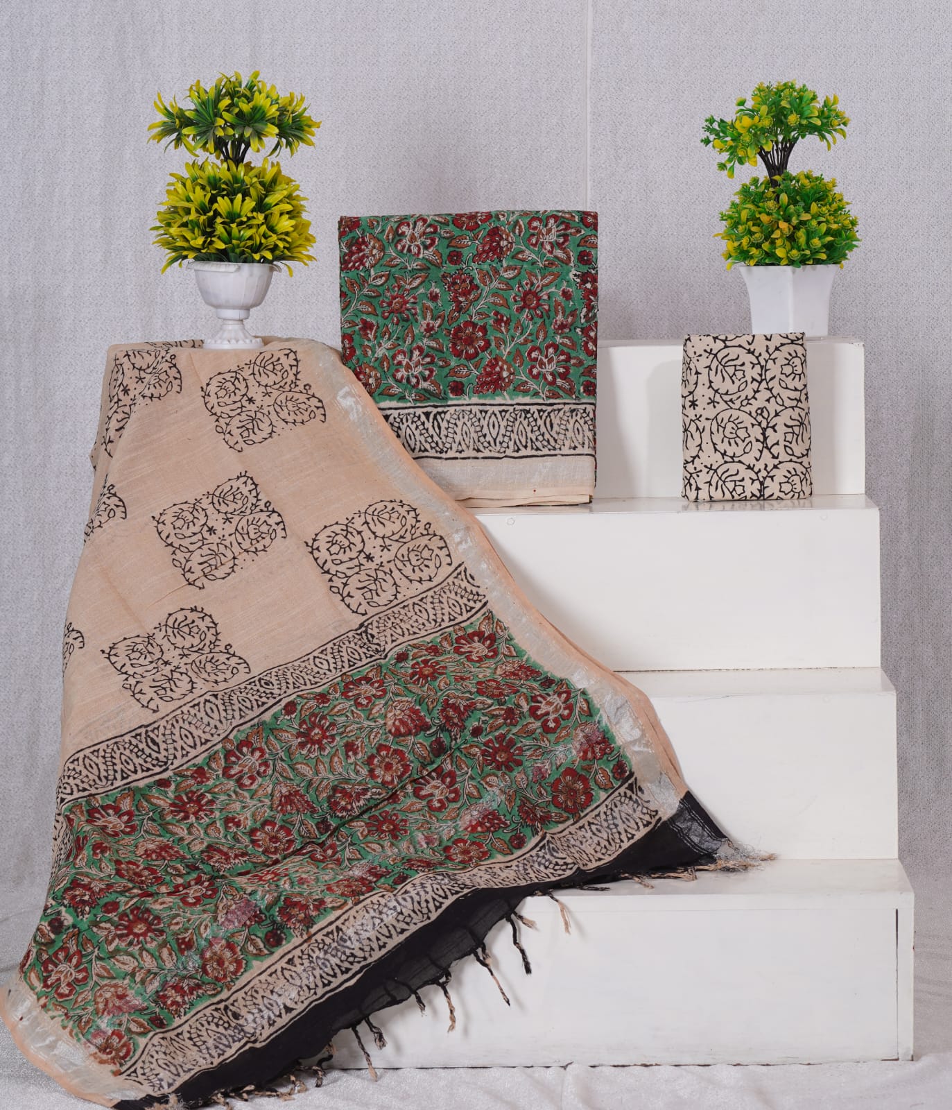 Green linen Cotton with red dress material