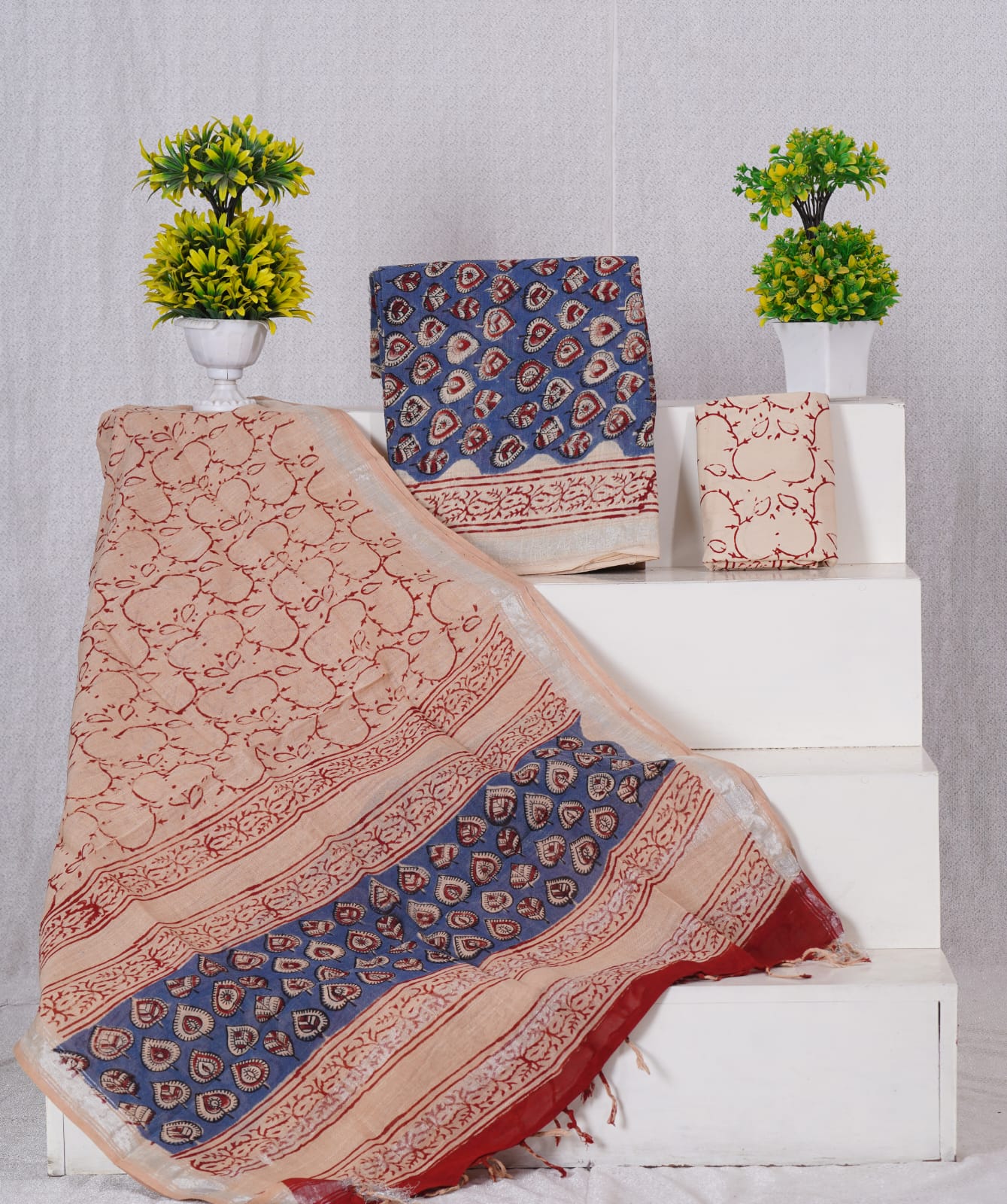 Slate Blue linen cotton with red dress material