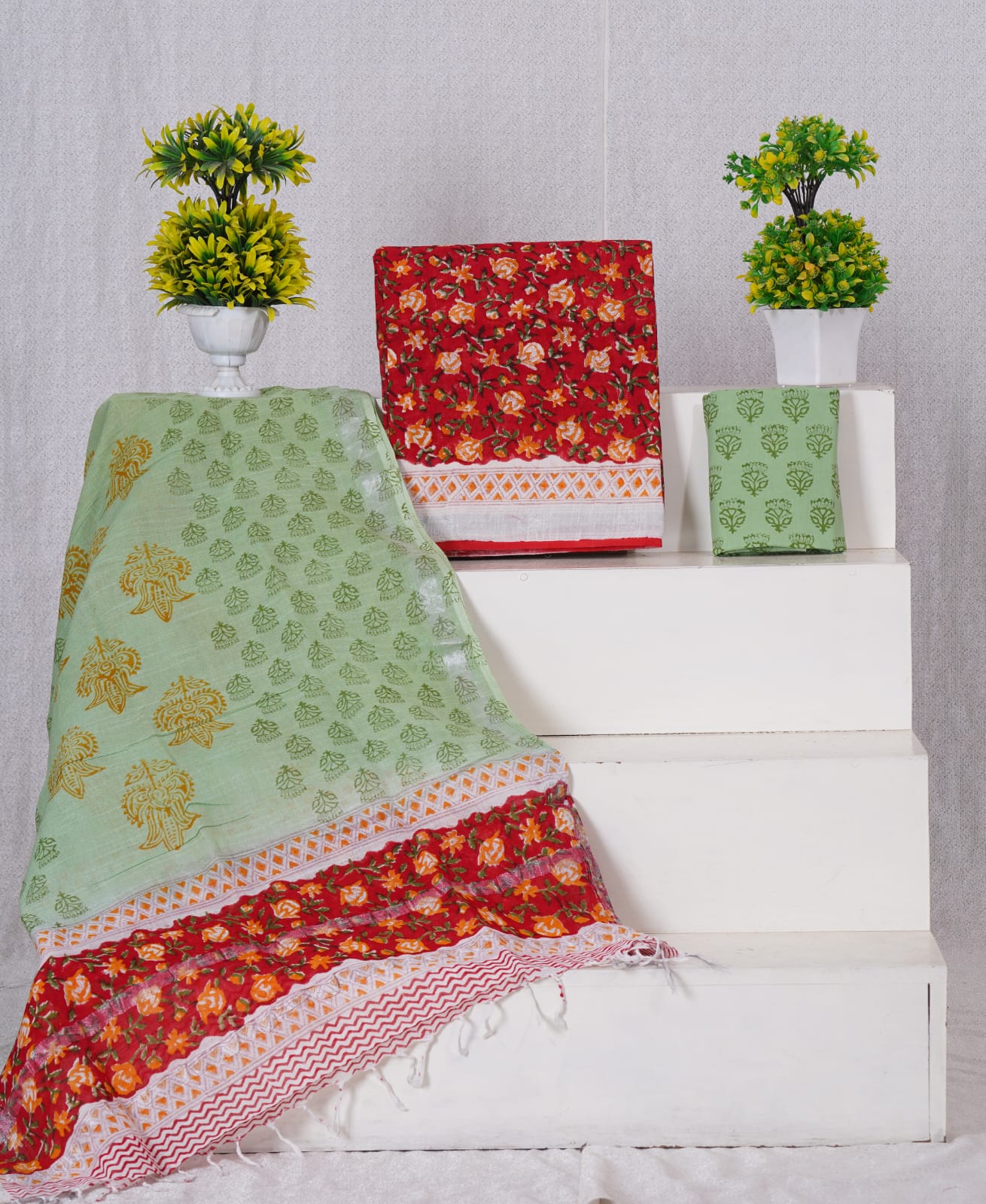 Red linen cotton with green dress material