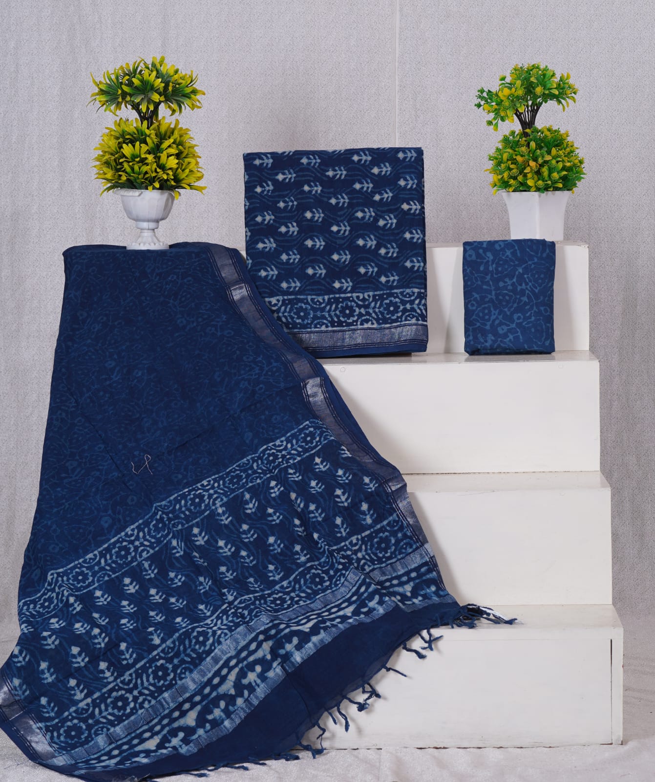 Indigo linen cotton with white dress material