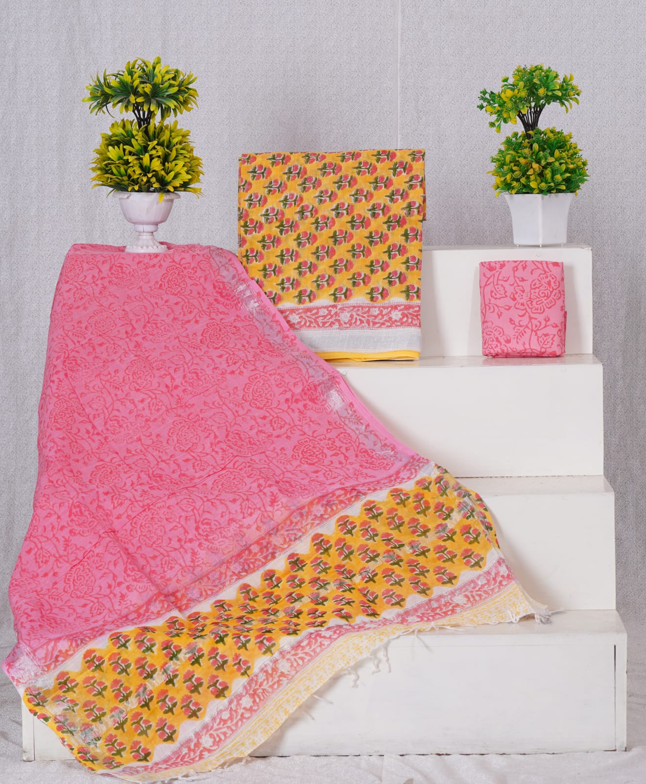 Yellow linen cotton with pink dress material