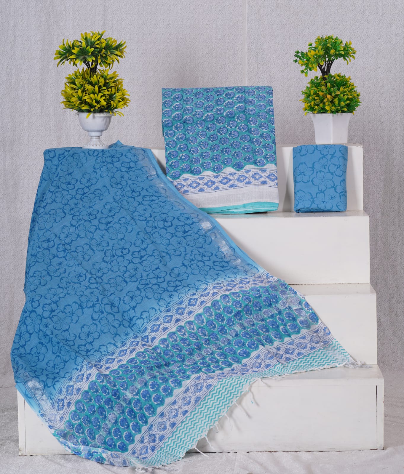 Aqua Blue linen cotton with slate blue dress material