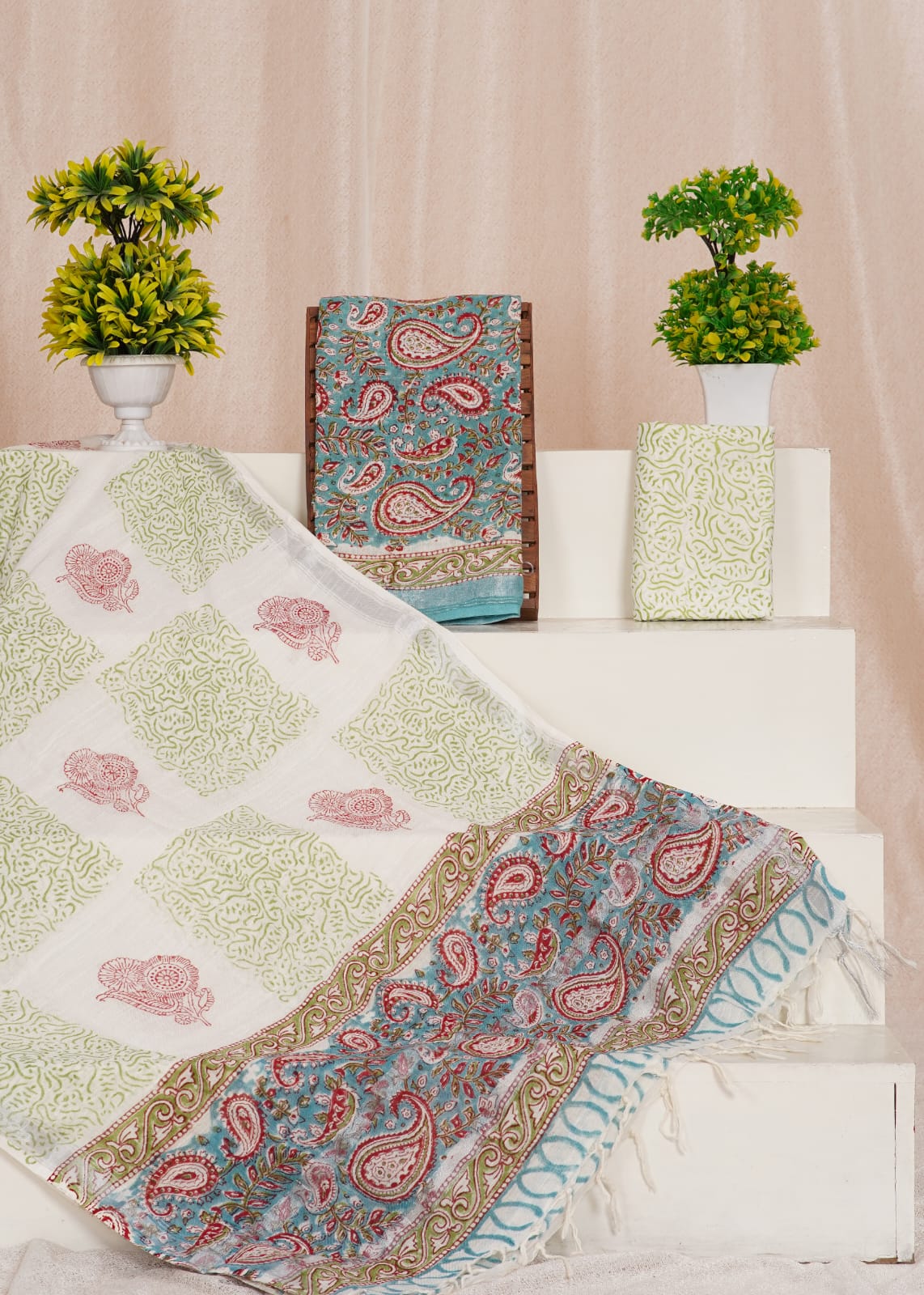 Teal Blue linen cotton dress material