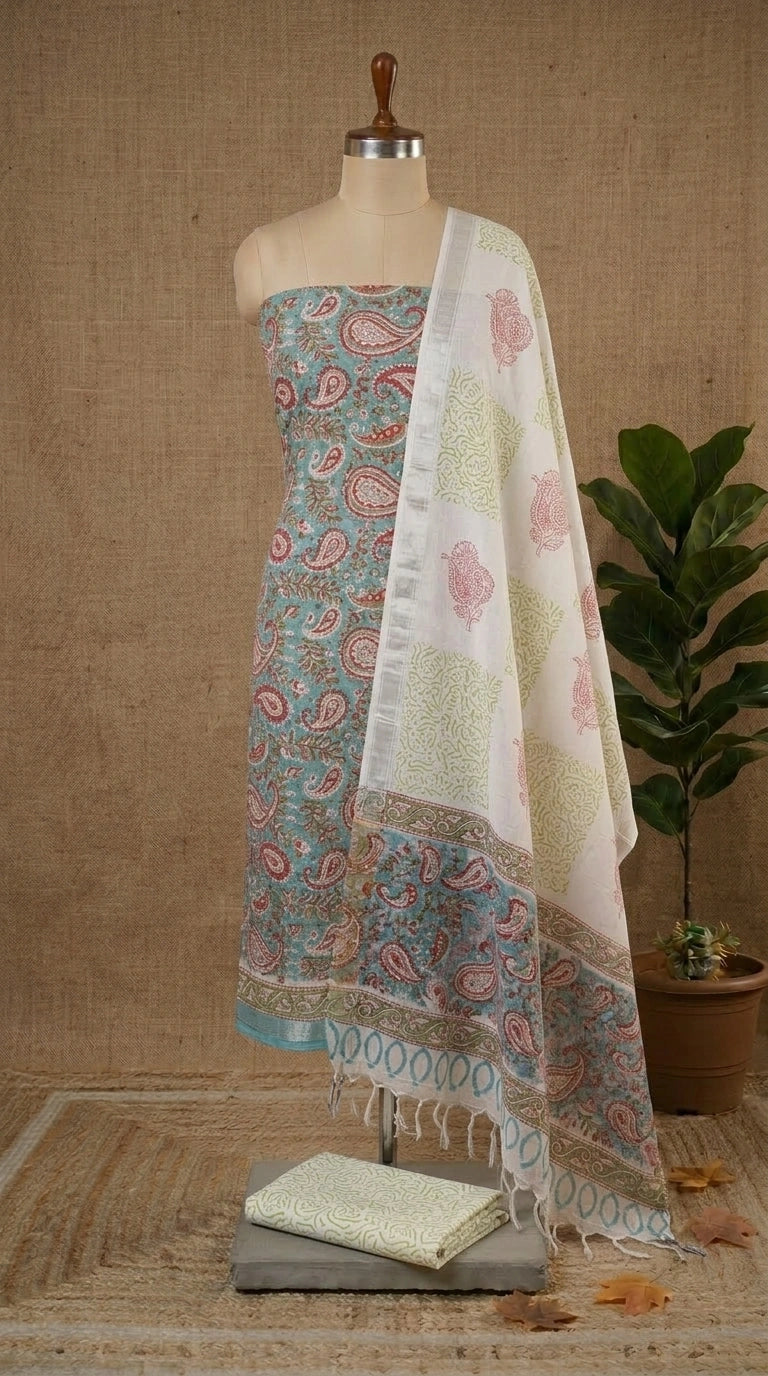 Teal Blue Linen Cotton Dress Material with White & Red Paisley Print   Rangvarsha Sarees