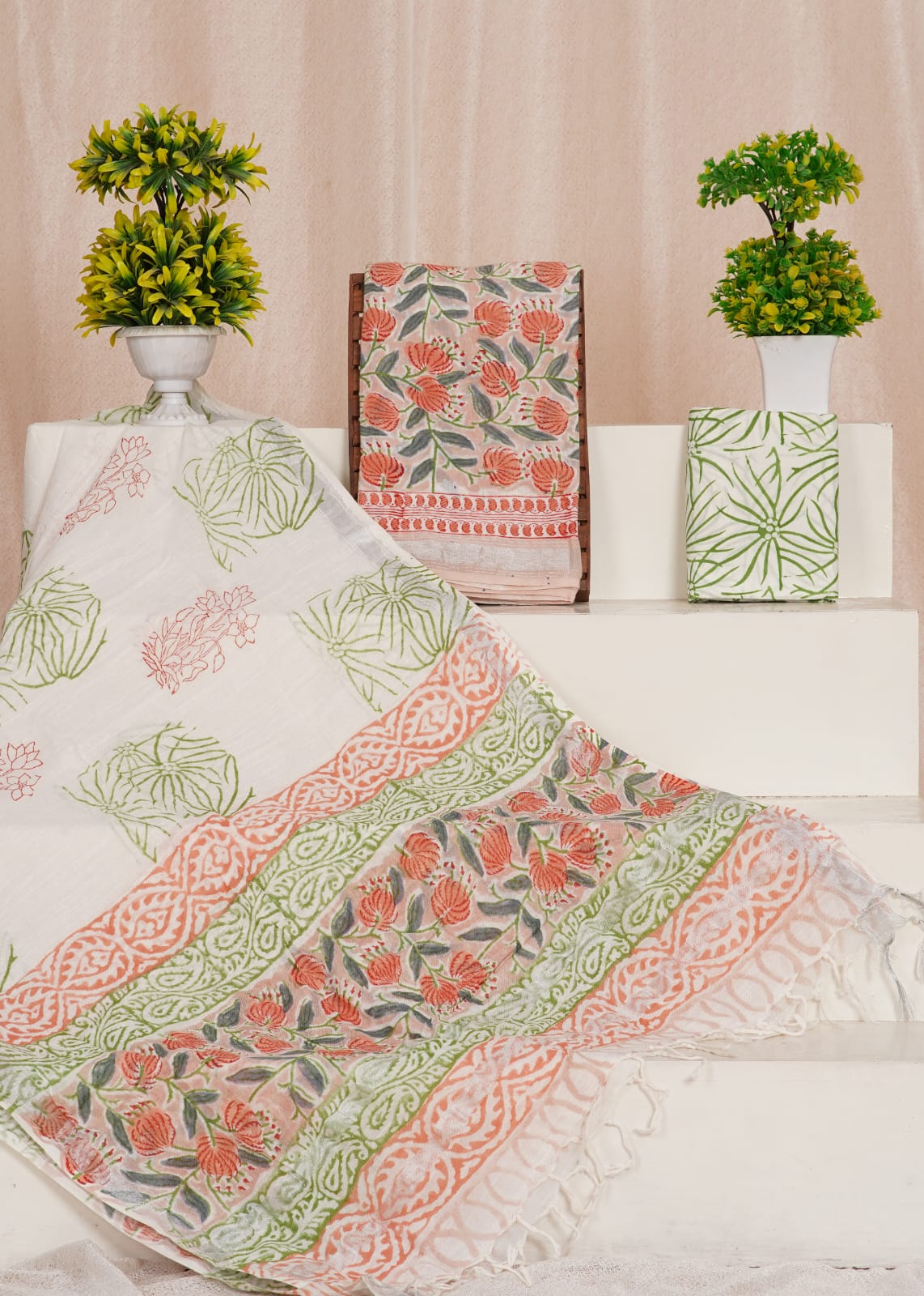 Peach linen cotton dress material