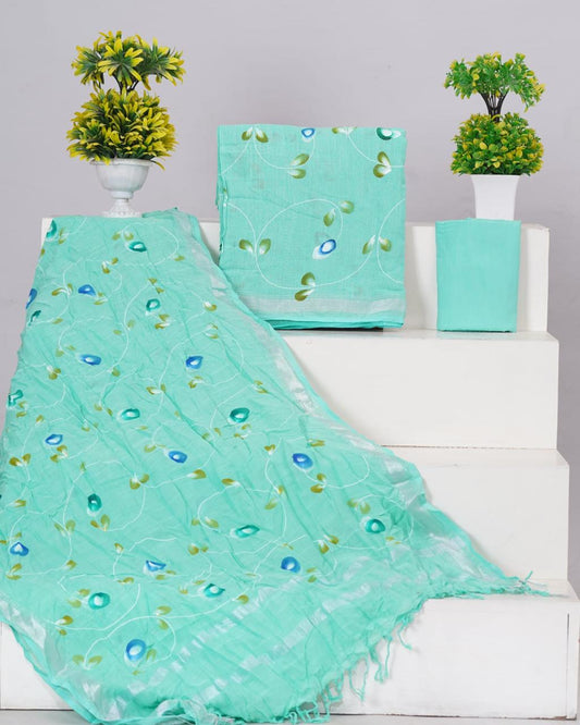 Aqua Blue linen cotton dress material