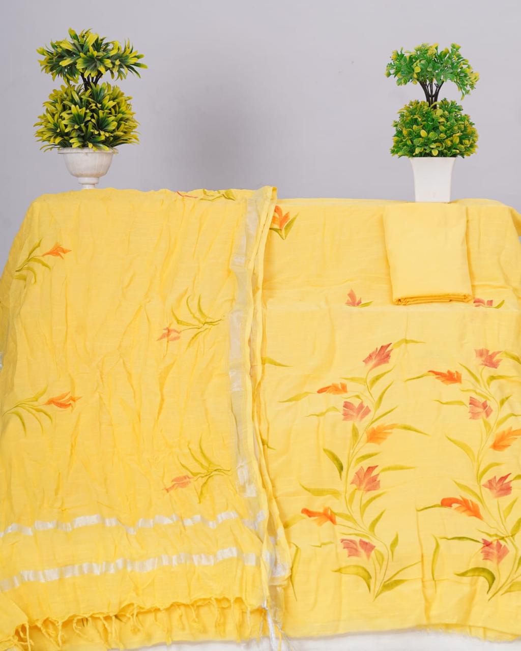 Yellow linen cotton dress material