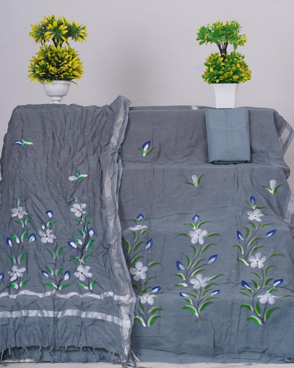 Stone Grey linen cotton dress material