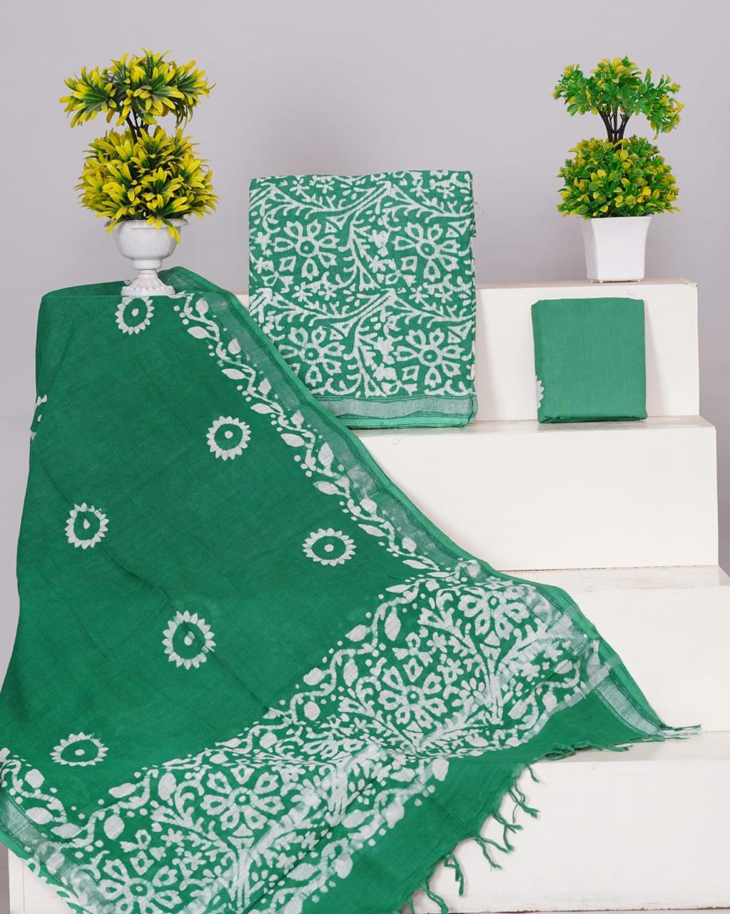 Green Linen Cotton dress material