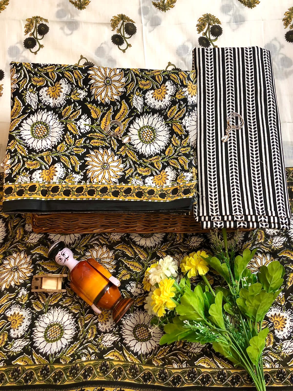 Black with white flower printed mulmul cotton printed top