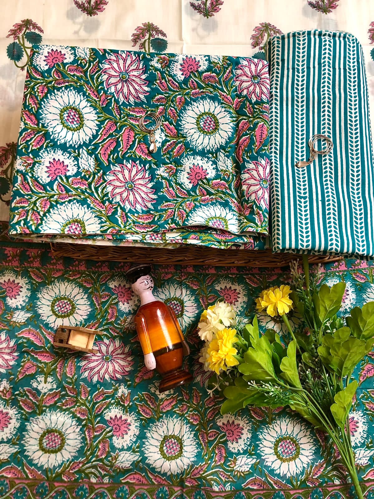 Teal Blue with pink flower printed mulmul cotton printed top