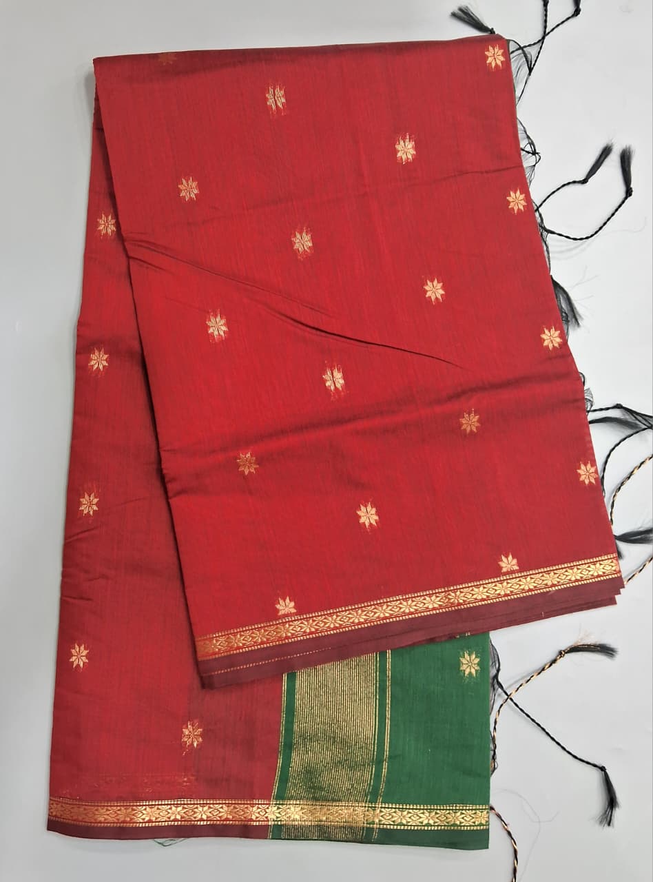 Tomato Red Semi Maheshwari Silk Saree