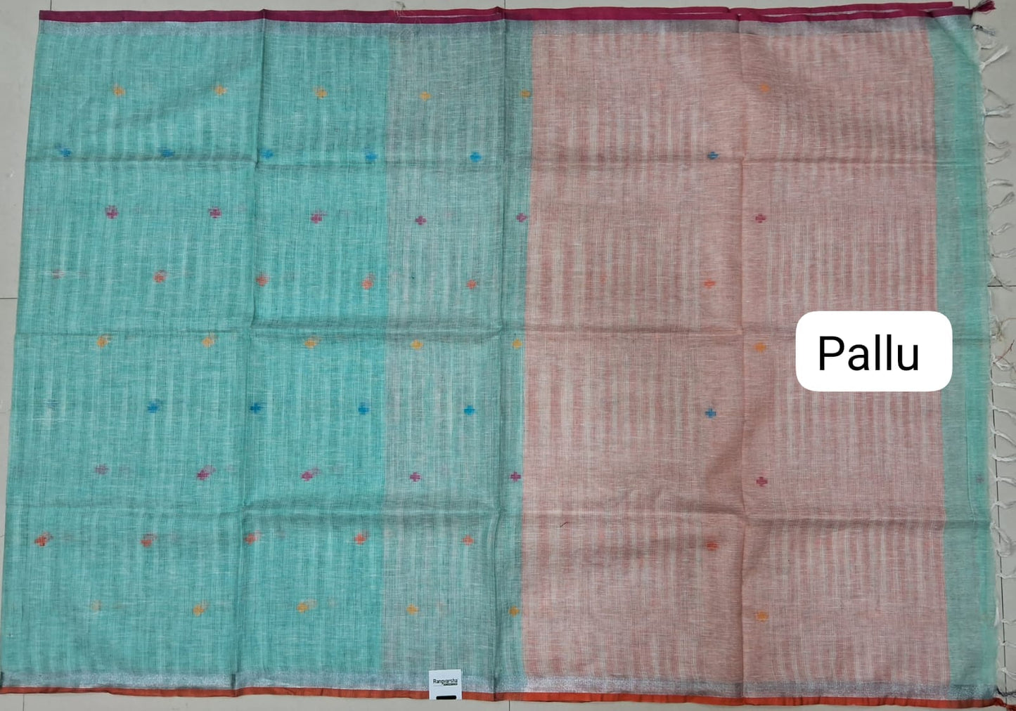 Sea Blue with White Pure Linen Saree pallu