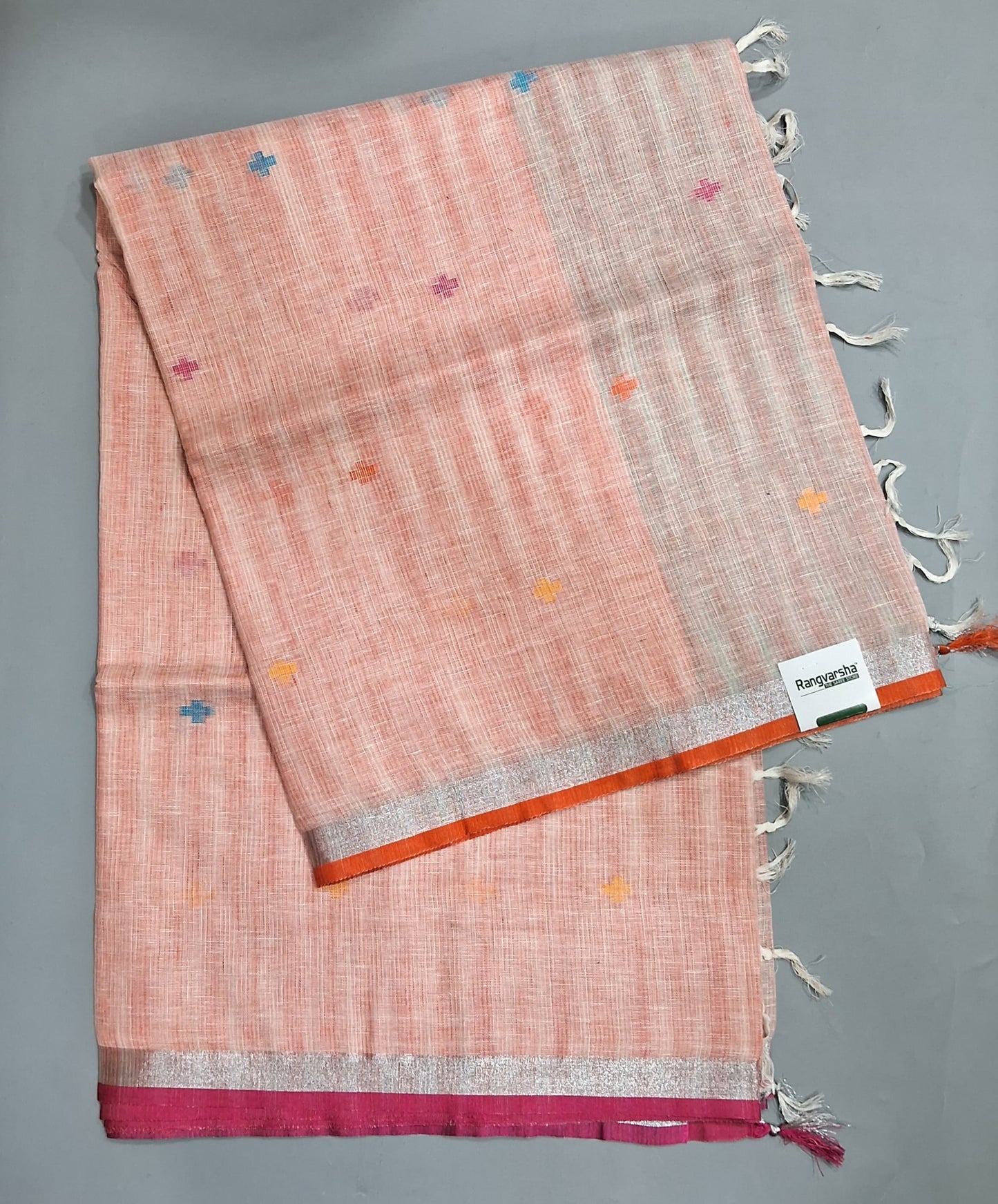 Peach with White Pure Linen Saree
