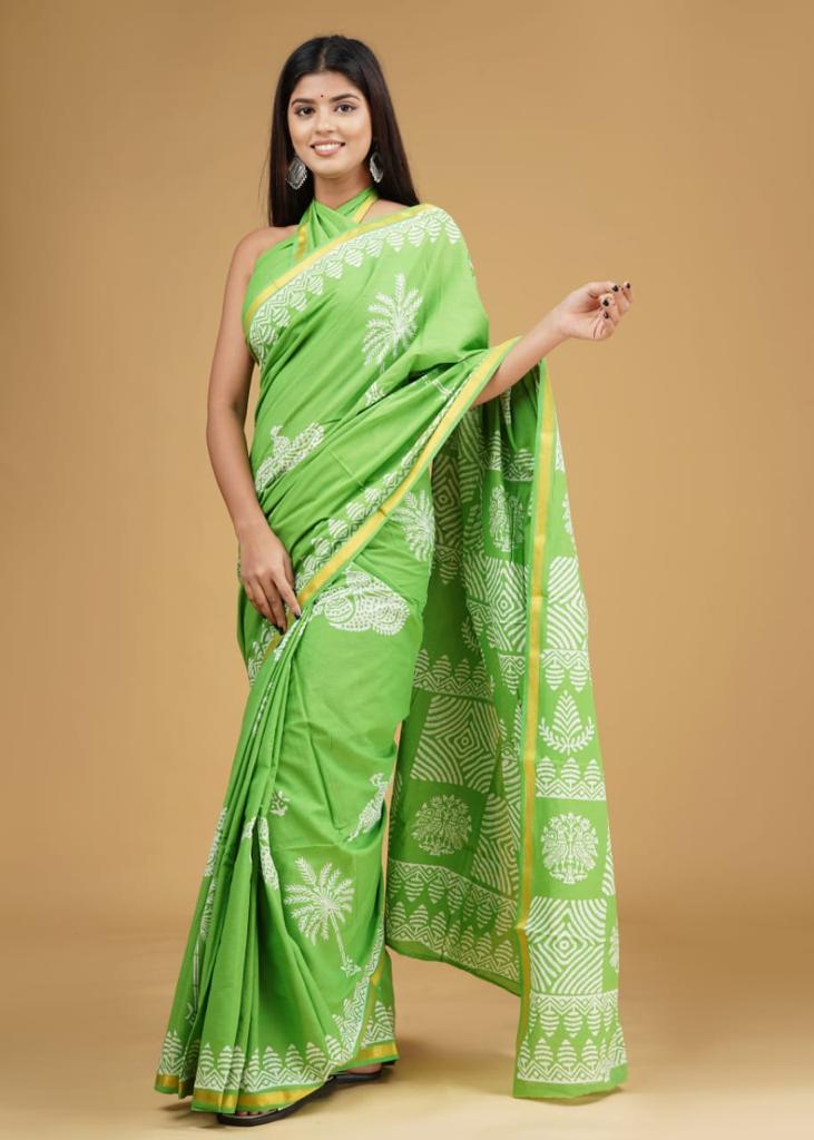 Pista green mulmul Zari cotton saree