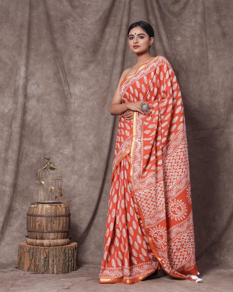 Brick red mulmul Zari cotton saree