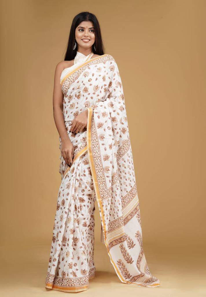 White mulmul Zari cotton saree