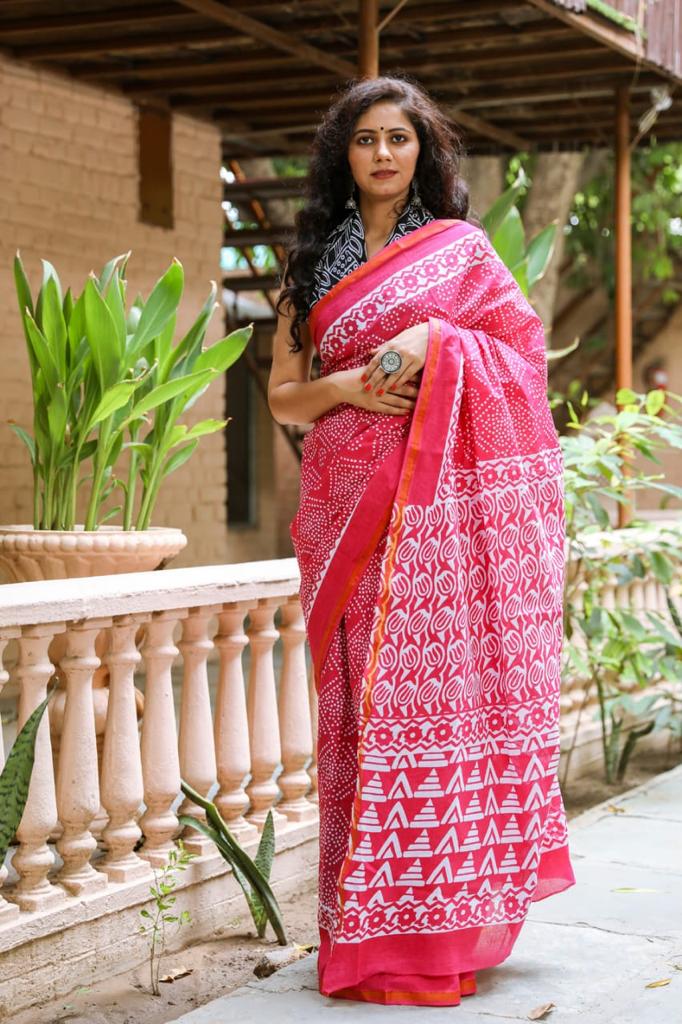 Rani pink mulmul Zari cotton saree