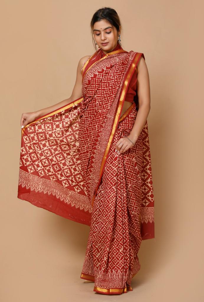 Brick red mulmul Zari cotton saree