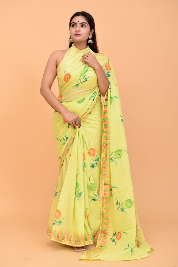 Light Yellow Mulmul Zari Cotton saree