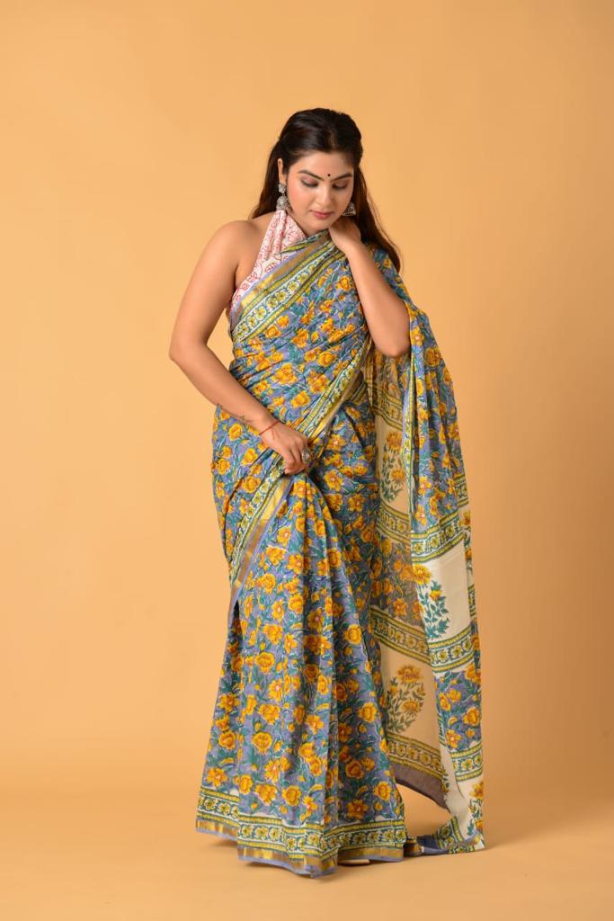 Light Blue Mulmul Zari cotton saree