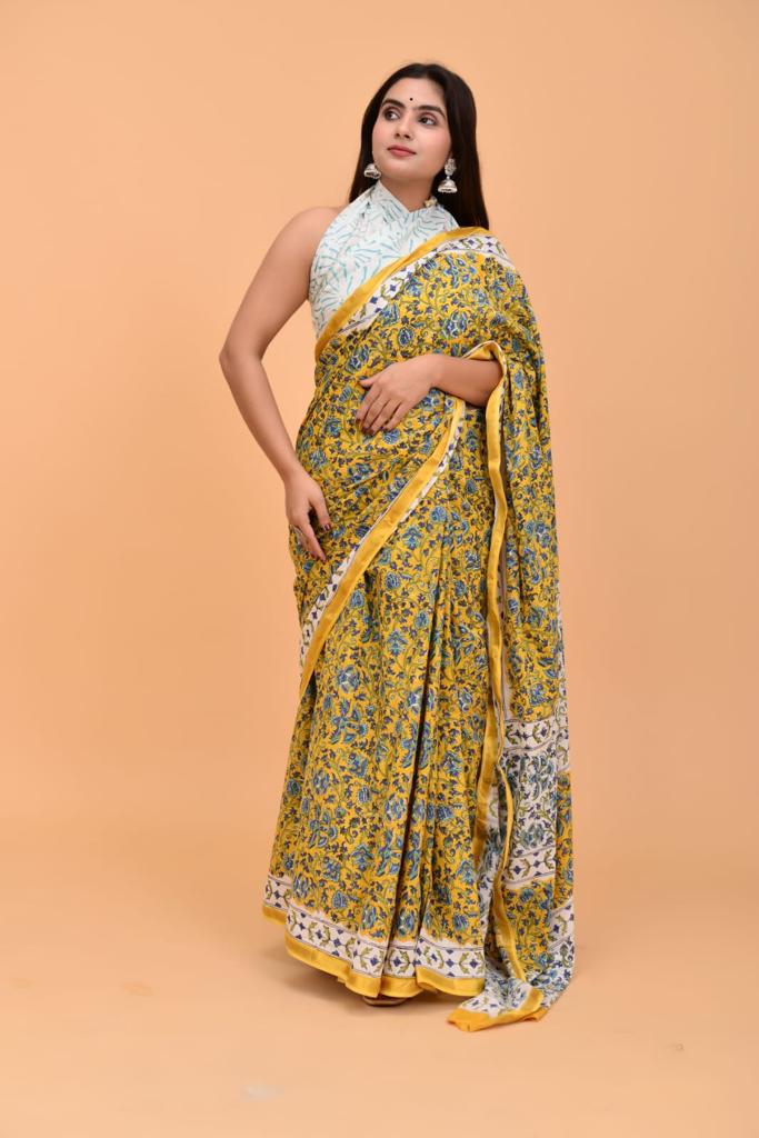 Mustard Yellow Mulmul Zari Cotton saree